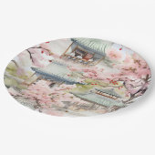 アジアのパゴダの水彩さくらんぼの花々の中 ペーパープレート (アングル)