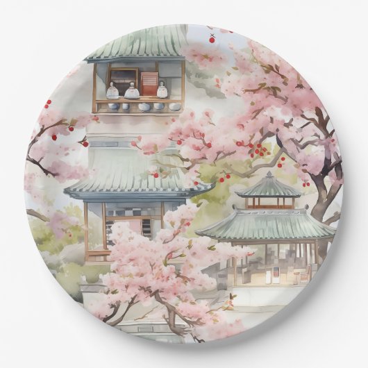 アジアのパゴダの水彩さくらんぼの花々の中 ペーパープレート (正面)