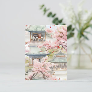 アジアのパゴダの水彩さくらんぼの花々の中 ポストカード