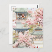 アジアのパゴダの水彩さくらんぼの花々の中 ポストカード (正面/裏面)