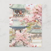 アジアのパゴダの水彩さくらんぼの花々の中 ポストカード (正面)