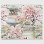 アジアのパゴダの水彩さくらんぼの花々の中 ラッピングペーパー (フラット)
