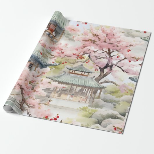 アジアのパゴダの水彩さくらんぼの花々の中 ラッピングペーパー (アンロールド)