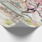 アジアのパゴダの水彩さくらんぼの花々の中 ラッピングペーパー (角)