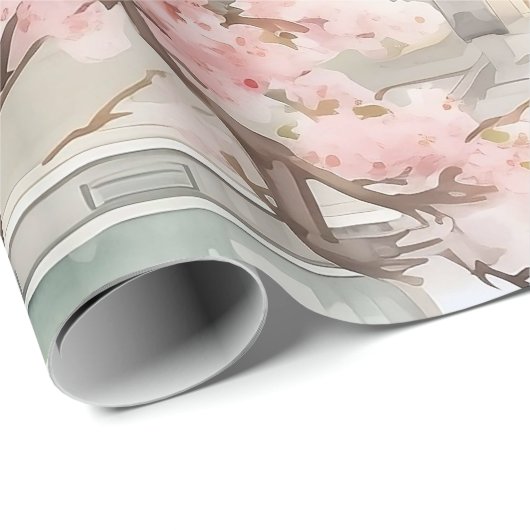 アジアのパゴダの水彩さくらんぼの花々の中 ラッピングペーパー (ロールコーナー)