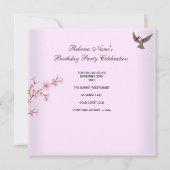 アジアのピンクの花の誕生日パーティー花鳥 招待状 (裏面)