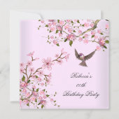 アジアのピンクの花の誕生日パーティー花鳥 招待状 (正面)