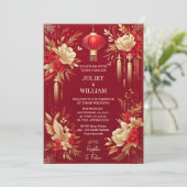 アジアのモダンな花柄の中国語と英語のバイリンガルウェディング 招待状 (スタンド正面)