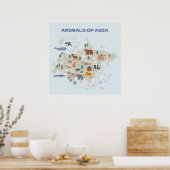 アジアの動物の図解入りの、写真付きの地図 ポスター (キッチン)