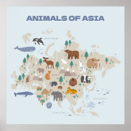 アジアの動物の図解入りの、写真付きの地図 ポスター