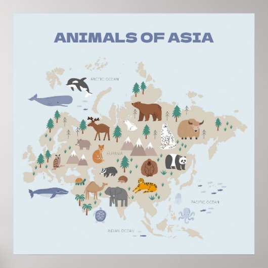 アジアの動物の図解入りの、写真付きの地図 ポスター (正面)