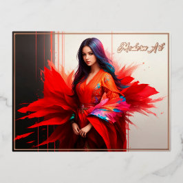 アジアの女の子の着物の血の明るい抽象芸術ファッション 箔シーズンポストカード