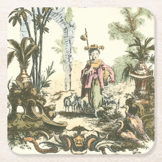アジアの女性と動物の庭 スクエアペーパーコースター (正面)