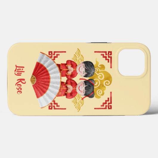 アジアの少年と少女のイラストレーション – 赤い白い金ゴールド Case-Mate iPhoneケース (裏面 (横))