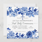 アジアの影響を受ける青い白いフローラ第一聖餐会 招待状 (正面)