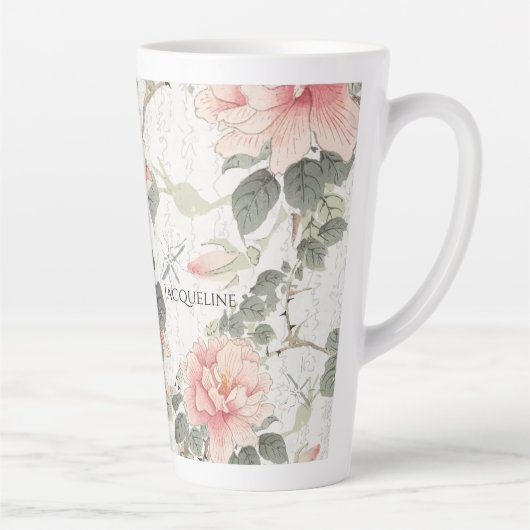 アジアの影響赤面ピンク牡丹の花名 カフェラテマグ (右)