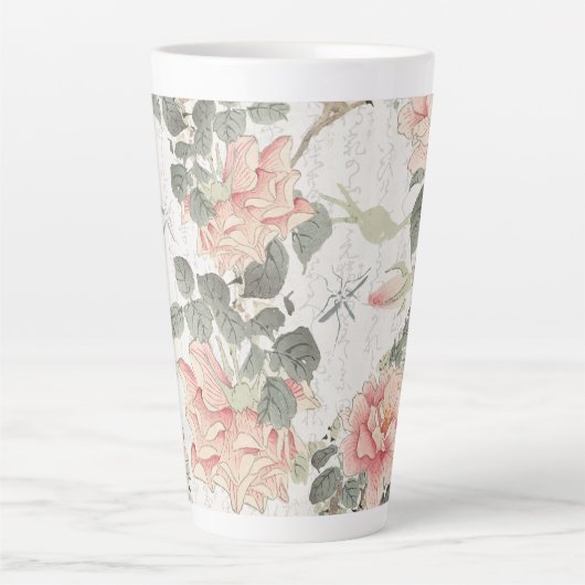 アジアの影響赤面ピンク牡丹中国の花 カフェラテマグ (正面)