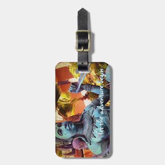 アジアの戦士の青い像が冒険を始める ラゲッジタグ (正面縦)