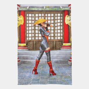 アジアの戦士乙女 ファンタジーサムライ アート キッチンタオル