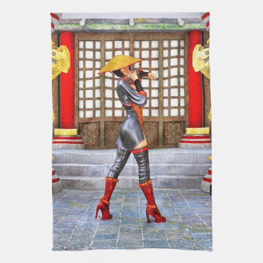 アジアの戦士乙女 ファンタジーサムライ アート キッチンタオル (縦)