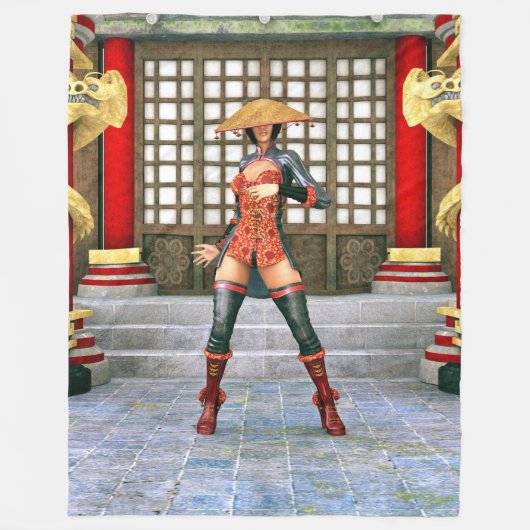 アジアの戦士乙女 ファンタジーサムライ アート フリースブランケット (正面)