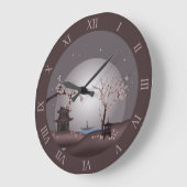 アジアの月光ピンクの花パゴダのデジタルアート ラージ壁時計 (傾斜)