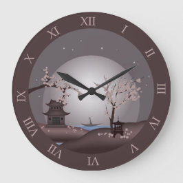 アジアの月光ピンクの花パゴダのデジタルアート ラージ壁時計