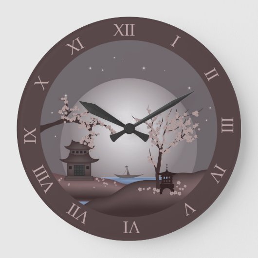 アジアの月光ピンクの花パゴダのデジタルアート ラージ壁時計 (正面)