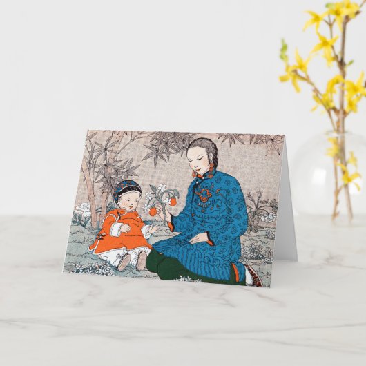 アジアの母と子の母の日のカード カード (黄色い花)