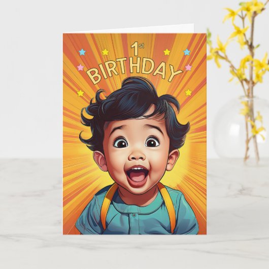 アジアの男の赤ちゃんの誕生日を祝うオレンジの漫画集 カード (黄色い花)