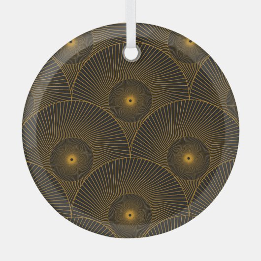 アジアの羽：金ゴールド – 黒シームレス。 ガラスオーナメント (正面)
