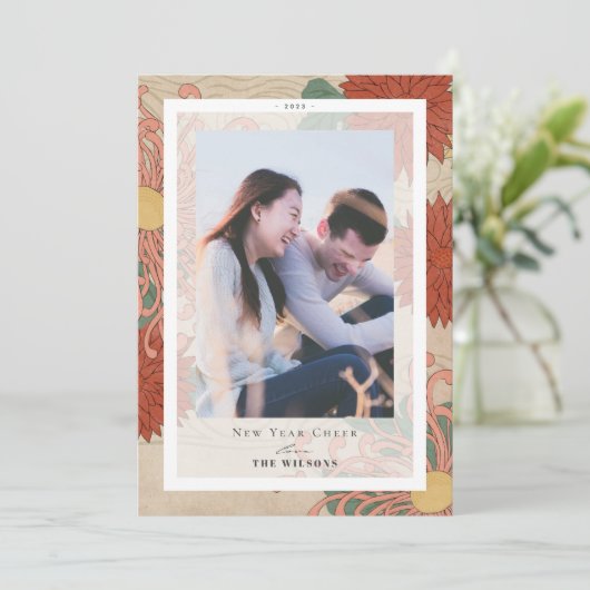 アジアの花のパターン新年の休日のフォトカード 招待状 (スタンド正面)