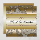 アジアの花モチーフのゴールドとシルバーのパーティー招待状 招待状 (正面/裏面)