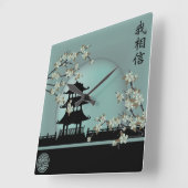 アジアの花咲く塔の風景 グリーンのデジタルアート スクエア壁時計 (傾斜)