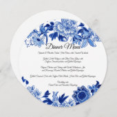 アジアの花柄 白青のディナーメニュー 招待状 (正面/裏面)