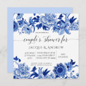アジアの装飾が施されたライトブルーの花柄 カップルシャワー 招待状 (正面/裏面)