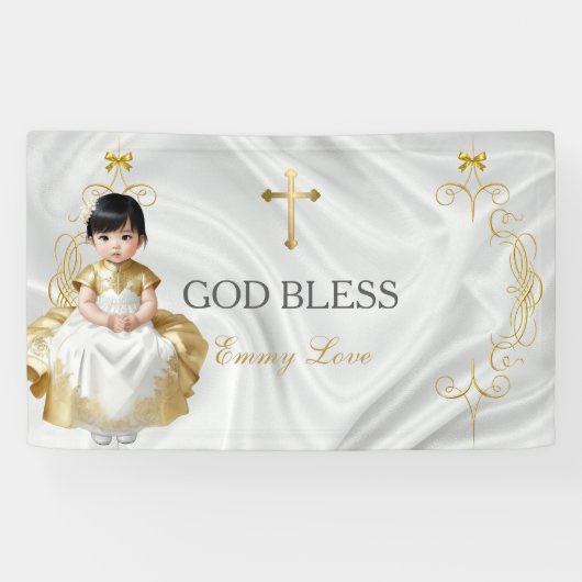 アジアの赤ちゃんの女の子の洗礼・キリスト教の金色のデザイン 横断幕 (横)