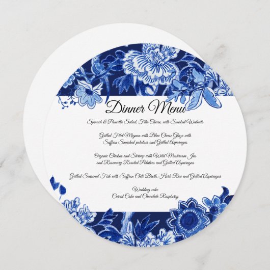 アジアのChinoiserieネイビーブルーフローラディナーメニュー 招待状 (正面/裏面)