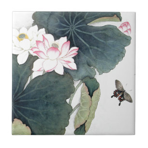 アジアはす葉のピンクの花の蝶芸術のカッコいい タイル