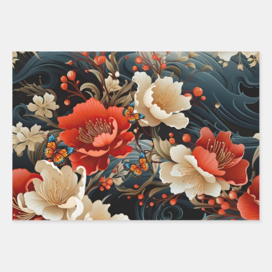 アジアインスパイア花模様&蝶ギフトラップ ラッピングペーパーシート (正面2)