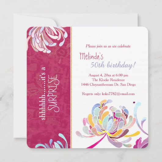 アジアスタイリッシュムームホットピンクサプライズ誕生日パーティー 招待状 (正面)