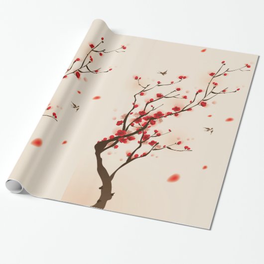 アジアスタイルの絵画、春のプラム花 ラッピングペーパー (アンロールド)