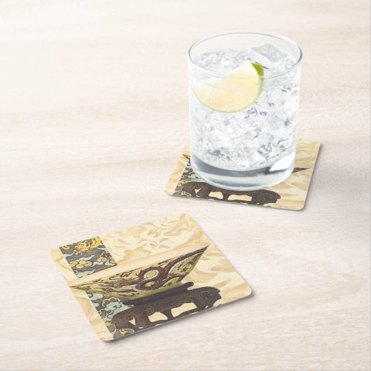 アジアタペストリーとボウル&ドラゴンデザイン スクエアペーパーコースター (インサイチュ)