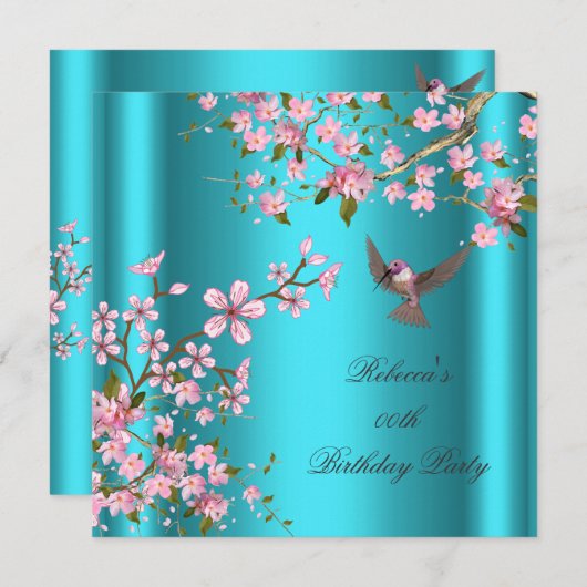 アジアティール（緑がかった色）ピンクの花の誕生日パーティードバード 招待状 (正面/裏面)
