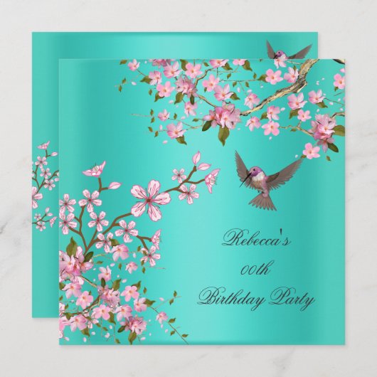 アジアティール（緑がかった色）ピンクの花の誕生日パーティードバード 招待状 (正面/裏面)