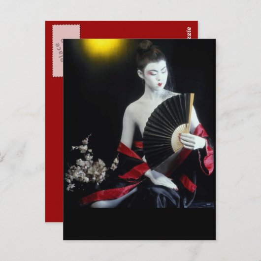 アジアファッションガール付き/扇絵葉書陶器人形 ポストカード (正面/裏面)
