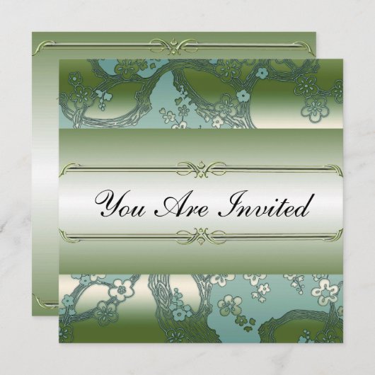 アジアフローラグリーンとシルバーのパーティの招待状 招待状 (正面/裏面)