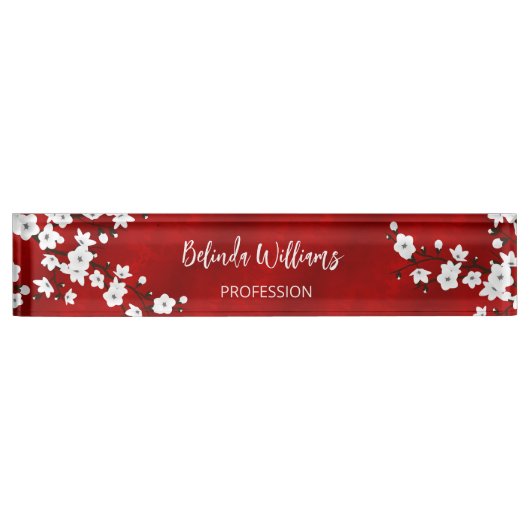アジアフローラホワイトさくらんぼブロッサムレッドサロン デスクネームプレート (正面)