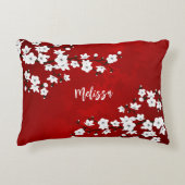 アジアフローラホワイトさくらんぼブロッサムレッドモノグラム アクセントクッション (正面)