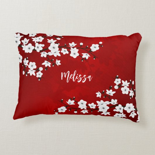 アジアフローラホワイトさくらんぼブロッサムレッドモノグラム アクセントクッション (裏面)
